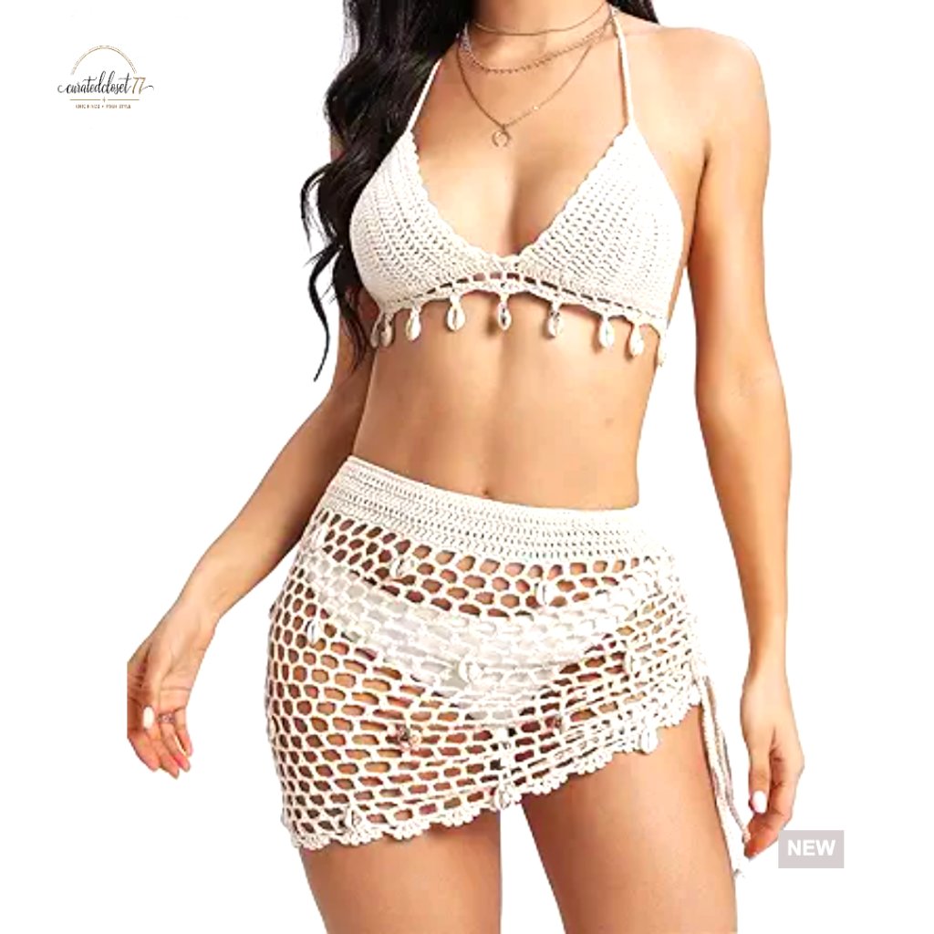Summer 2 Piece Swimsuit Bikini Cover Up Set Crochet Fabric